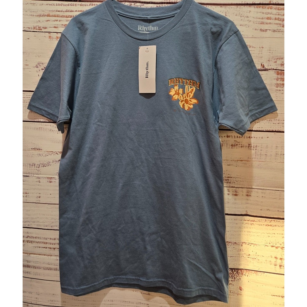 New Rhythm Skatewear Men Graphic T-shirt Blue Medium‎ Print Short Sleeve Cotton
